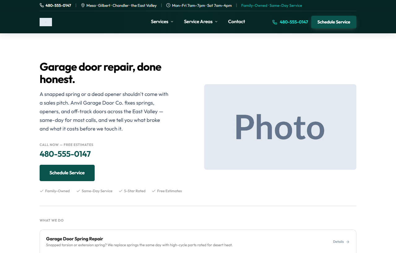 Anvil Garage Door — live site built by Frontrunner Local